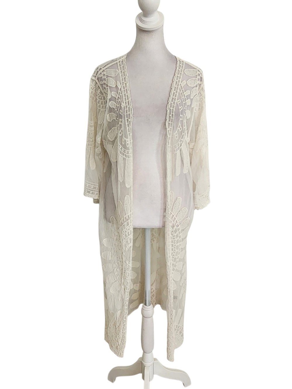 Rebellion Again Cream Sheer Crochet Lace Boho Kimono Size Small